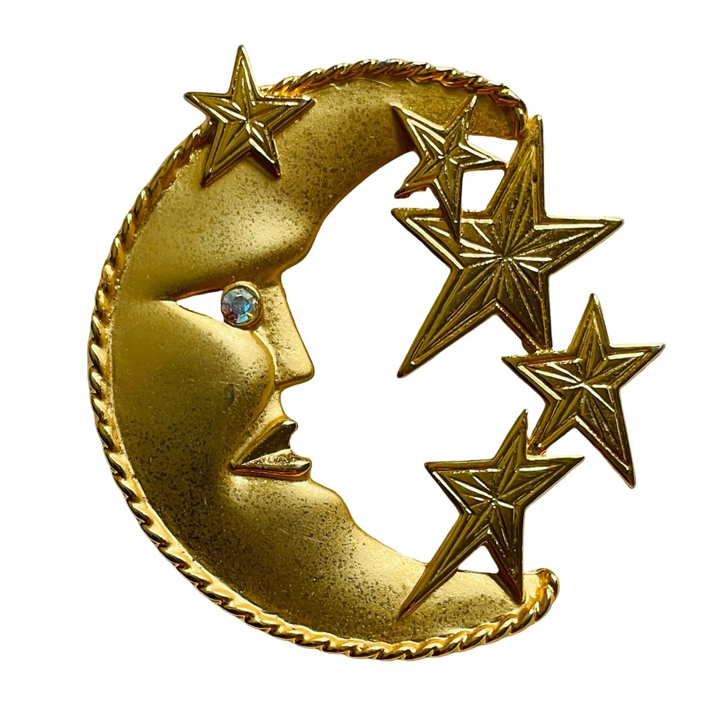 Vintage Signed JJ Jonette Goldtone Man In The Moon Brooch